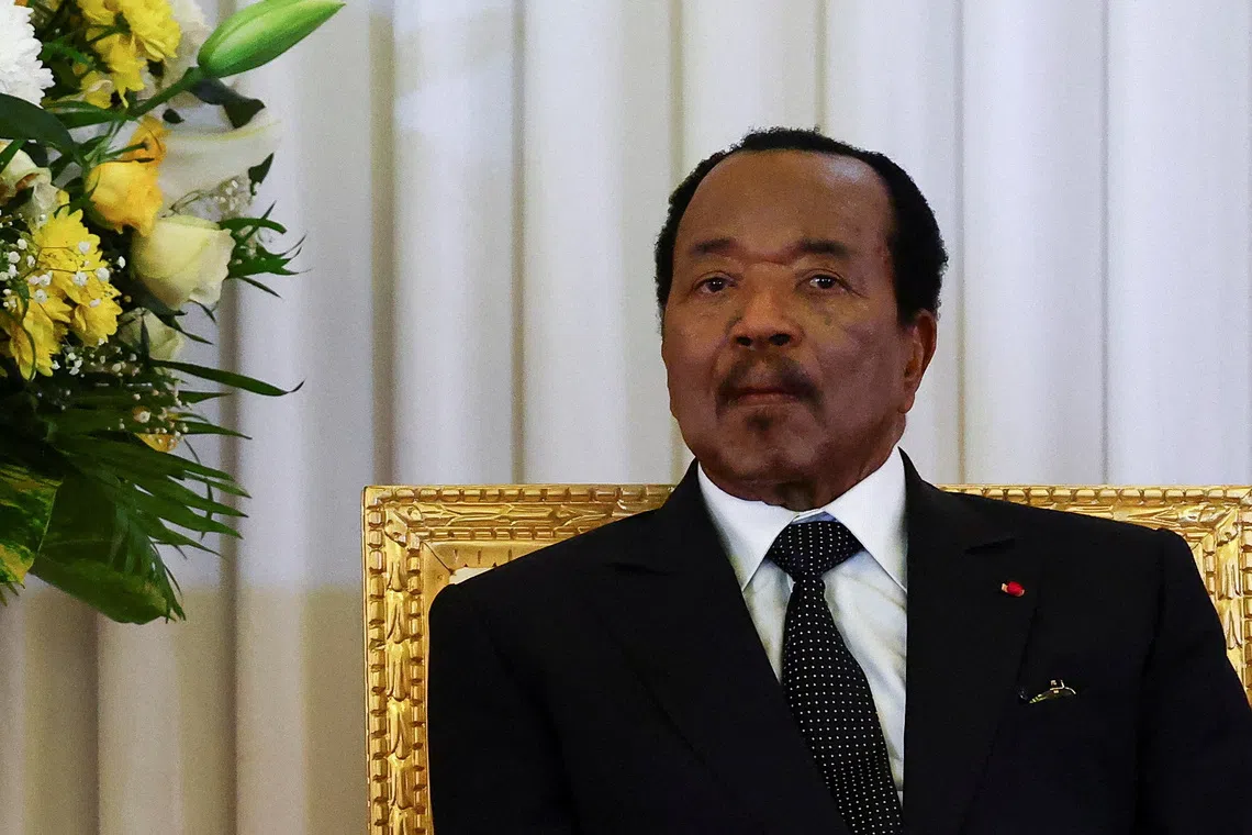 FILE PHOTO: Cameroonian President Paul Biya listens as Pope Leo XIV (not pictured) delivers a speech, at the Presidential Palace in Yaounde, during his apostolic journey to Cameroon, April 15, 2026. REUTERS/Guglielmo Mangiapane/File Photo