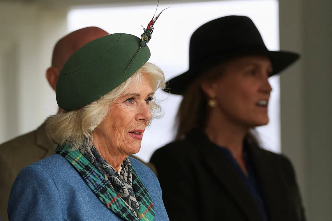 FILE PHOTO: Britain's Queen Camilla attends the Braemar Royal Highland Gathering at Princess Royal and Duke of Fife Memorial Park, in Braemar, Scotland, Britain, September 6, 2025. REUTERS/Russell Cheyne/File Photo