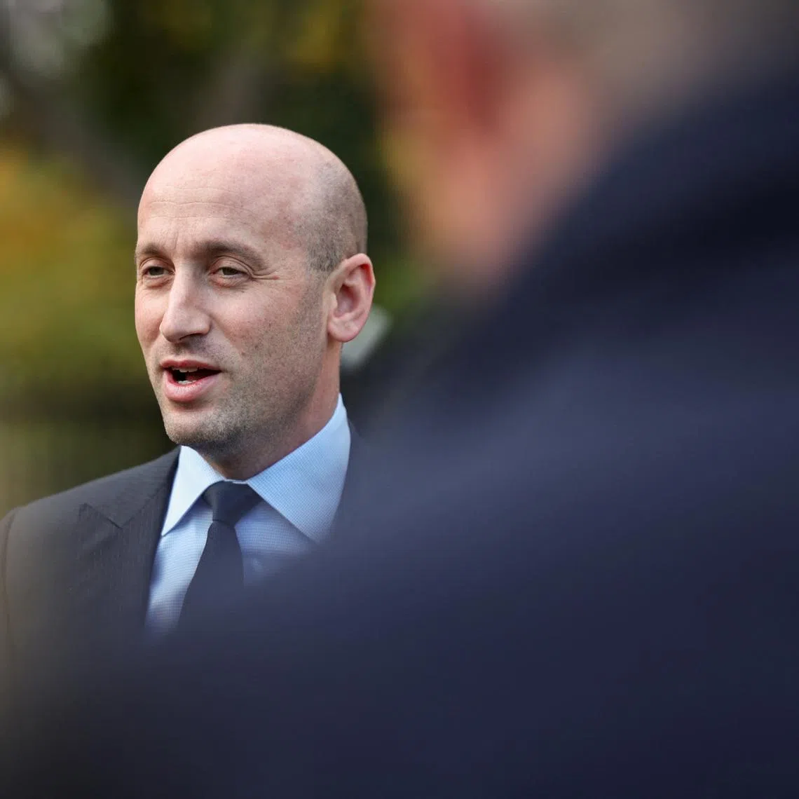 White House Deputy Chief of Staff Stephen Miller speaks with reporters outside the West Wing of the White House in Washington, D.C., U.S., October 24, 2025. REUTERS/Kylie Cooper