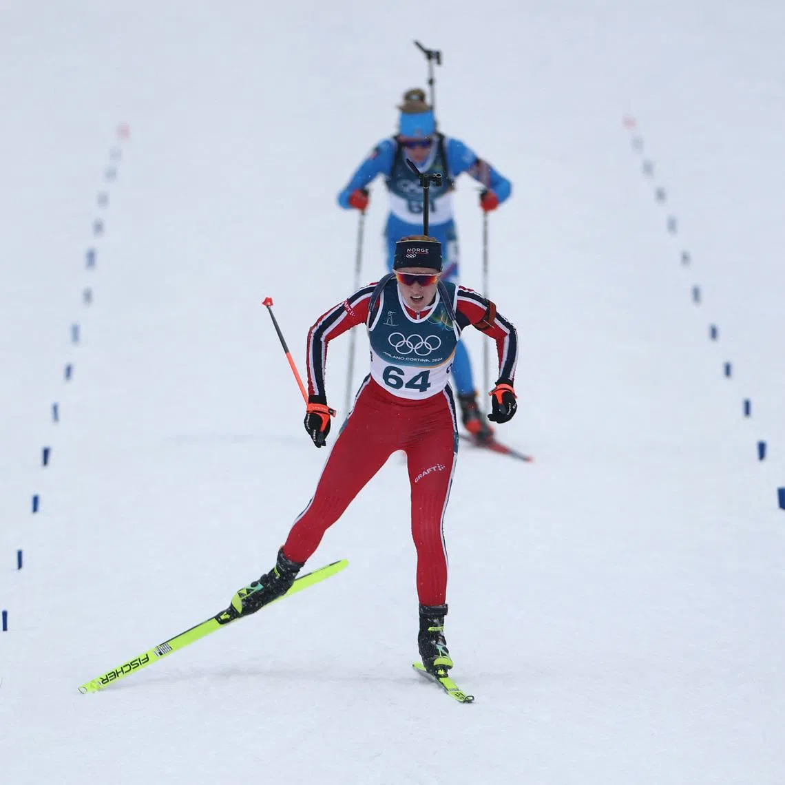 Milano Cortina 2026 Olympics - Biathlon - Women's 7.5km Sprint - Anterselva Biathlon Arena, South Tyrol, Italy - February 14, 2026. Maren Kirkeeide of Norway crosses the finish line of the Women's 7.5km Sprint REUTERS/Eloisa Lopez
