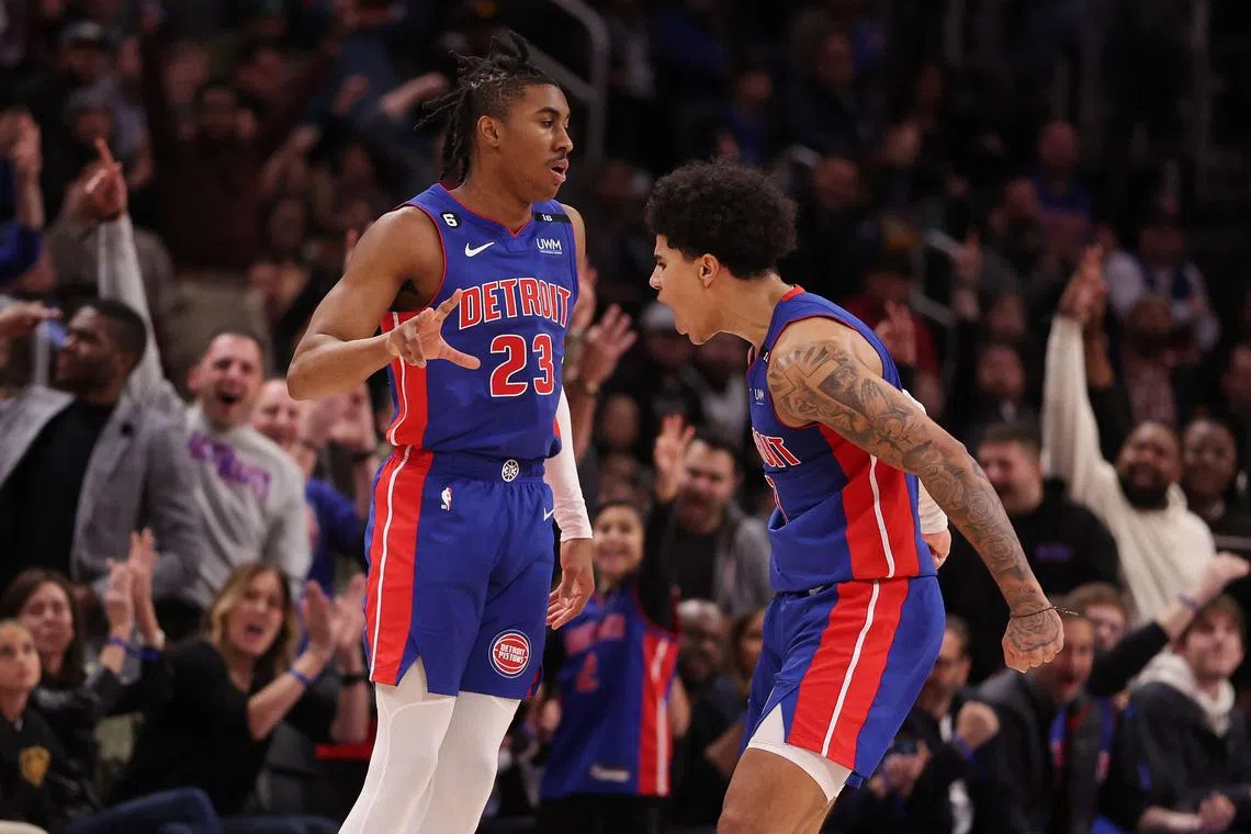 Detroit Pistons' Jaden Ivey (left) celebrating his second-half three pointer with Killian Hayes in their 131-125 overtime victory over the Dallas Mavericks on Thursday.