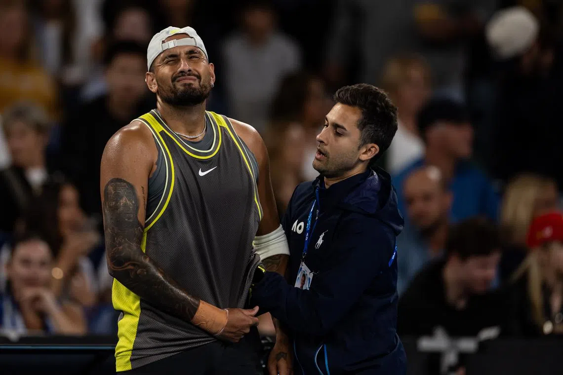 FILE PHOTO: Jan 16, 2025; Melbourne, Victoria, Australia; Nick Kyrgios of Australia receives treatment during his match against James Duckworth of Australia and Aleksandar Vukic of Australia in the first round of the men's doubles at the 2025 Australian Open at Melbourne Park. Mandatory Credit: Mike Frey-Imagn Images/File photo