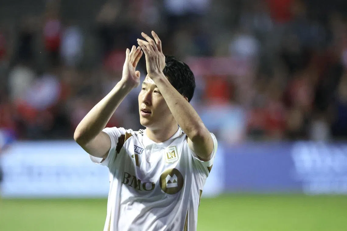 Aug 9, 2025; Bridgeview, Illinois, USA; Los Angeles FC forward Son Heung-Min (7) celebrates a draw against the Chicago Fire at SeatGeek Stadium. Mandatory Credit: Talia Sprague-Imagn Images