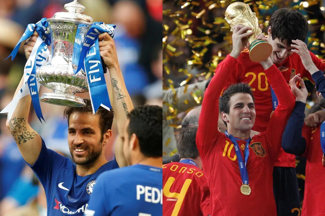 Cesc Fabregas with the FA Cup won by Chelsea in 2018, and with World Cup winners Spain in 2010.