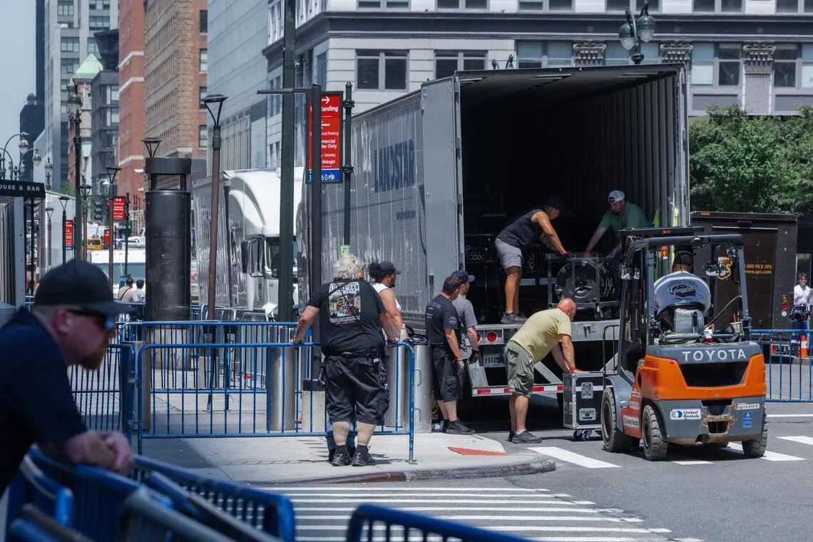 Traffic flows past Madison Square Garden as preparations are underway for the wedding of American singer Taylor Swift and football player Travis Kelce in New York.