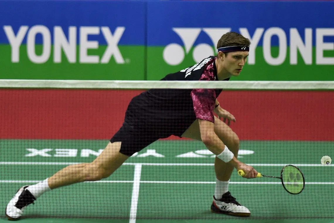 Denmark's Viktor Axelsen hits a return against Indonesia's Jonathan Christie during their India Open semi-final on Saturday. 