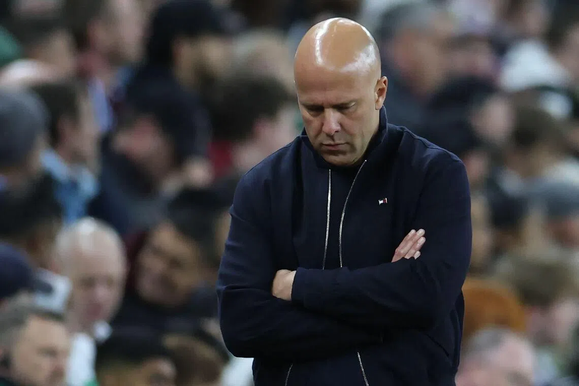 Liverpool manager Arne Slot looking dejected during the 4-2 Premier League loss to Aston Villa.
