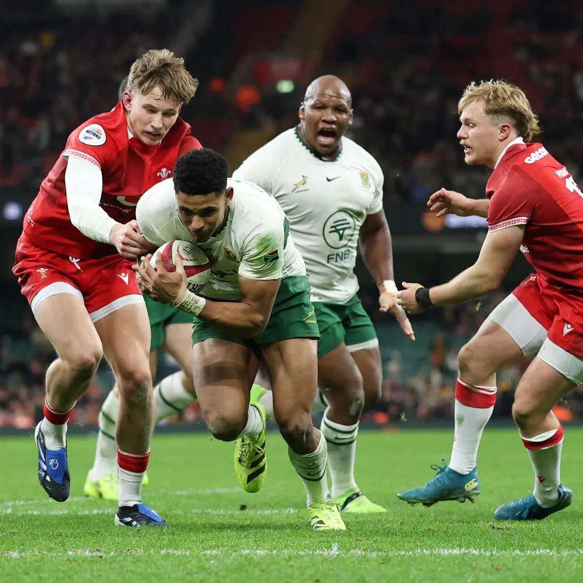 Rugby Union - Autumn Internationals - Wales v South Africa - Principality Stadium, Cardiff, Wales, Britain - November 29, 2025 South Africa's Sacha Feinberg-Mngomezulu in action before scoring their ninth try Action Images via Reuters/Andrew Boyers