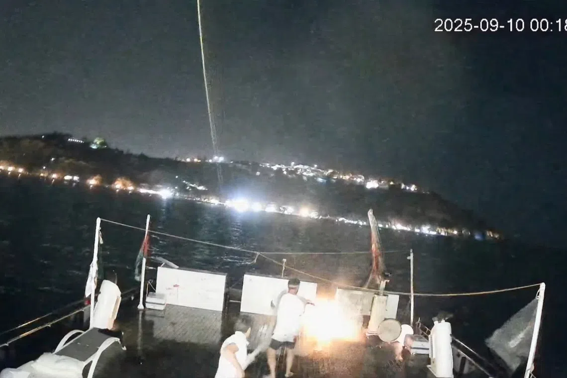 A CCTV footage shows men on board dousing a fire that struck Alma, a vessel of the Global Sumud Flotilla (GSF), in the Tunisian waters off the coast of Tunisia, September 9, 2025, in this screengrab obtained from a handout video.    GLOBAL SUMUD FLOTILLA/Handout via REUTERS    THIS IMAGE HAS BEEN SUPPLIED BY A THIRD PARTY. NO RESALES. NO ARCHIVES. MANDATORY CREDIT.  VERIFICATION - Reuters was able to confirm the vessel from characteristics of ship exterior that matched file images.  - Reuters was able to locate the footage from ship tracking websites and topography of the landscape and the shape and position of the road matched satellite imagery of the area.  - Reuters was able to confirm the date of footage with Global Sumud Flotilla spokesperson, Wael Nawar. - Nawar also told Reuters that the timestamp difference shown on footage was likely due to camera being installed in Spain, which was an hour ahead of Tunisia.