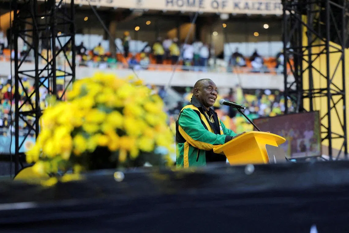 FILE PHOTO: President of the African National Congress (ANC) Cyril Ramaphosa delivers an address to supporters during the political party’s final rally ahead of the upcoming election at FNB stadium in Johannesburg, South Africa, May 25, 2024. REUTERS/Alaister Russell/File Photo