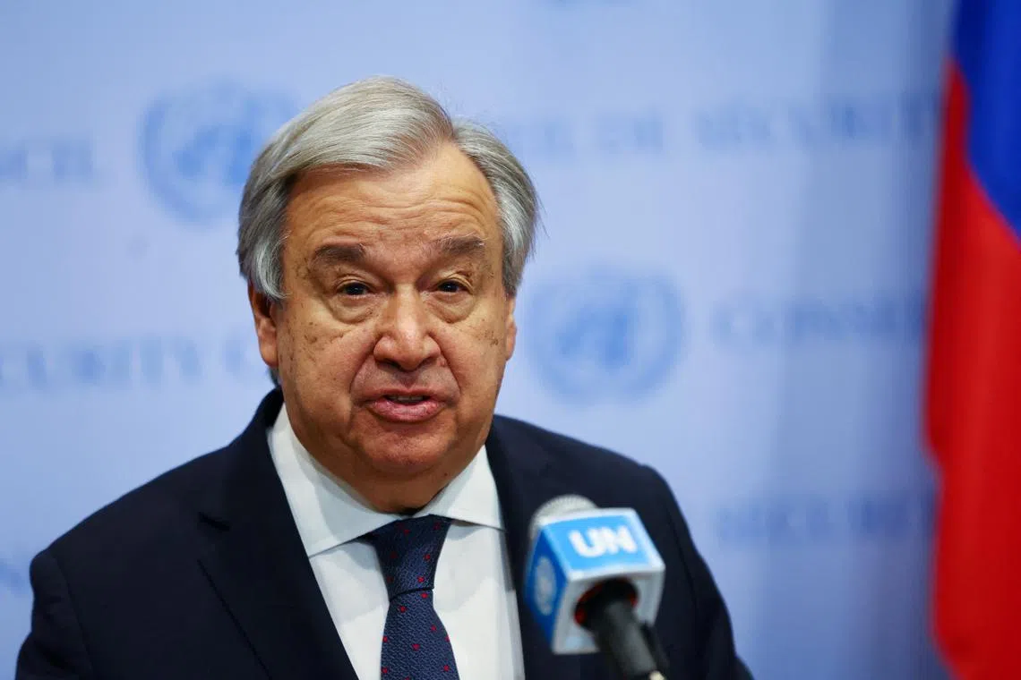 United Nations Secretary-General Antonio Guterres deliver remarks to reporters outside the U.N. Security Council where he appealed on for a three day ceasefire of hostilities in Sudan to mark the Muslim holiday of Eid al-Fitr at U.N., headquarters in New York City, U.S. April 20, 2023. REUTERS/Mike Segar