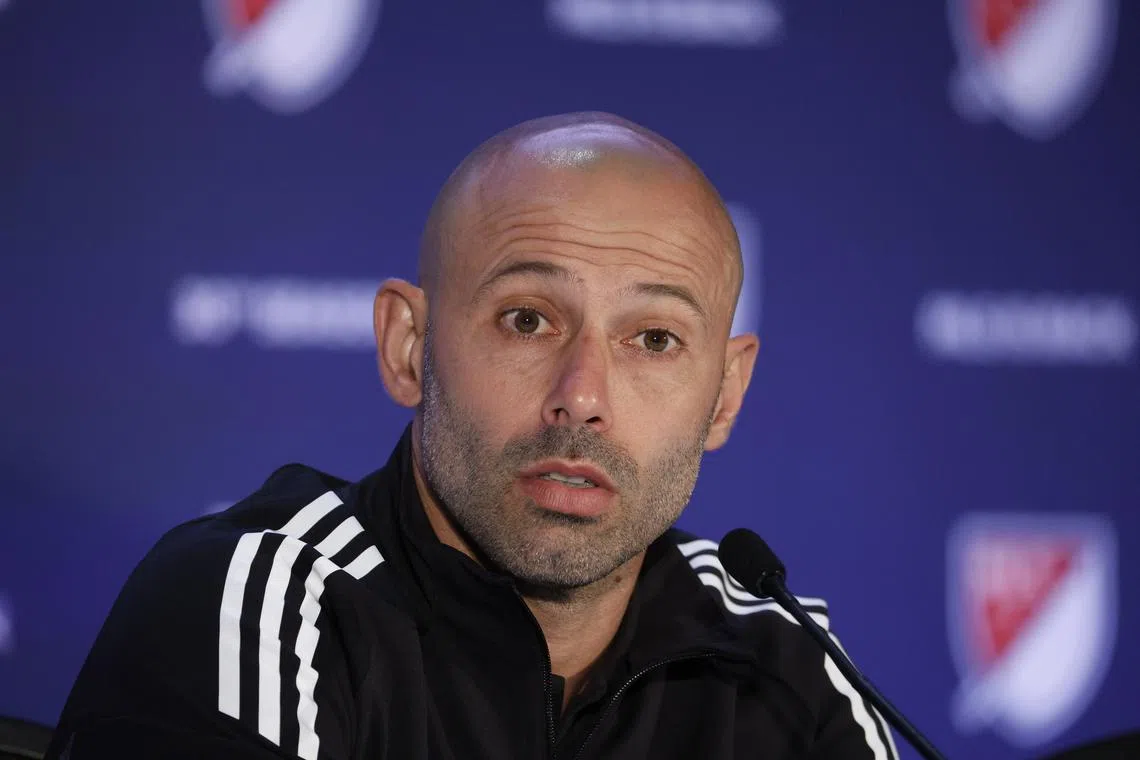 Jan 9, 2025; Miami Beach, Florida, USA;  Inter Miami CF head coach Javier Mascherano fields questions during the Major League Soccer Media Day at the Miami Beach Convention Center. Mandatory Credit: Jeff Swinger-Imagn Images/ File Photo