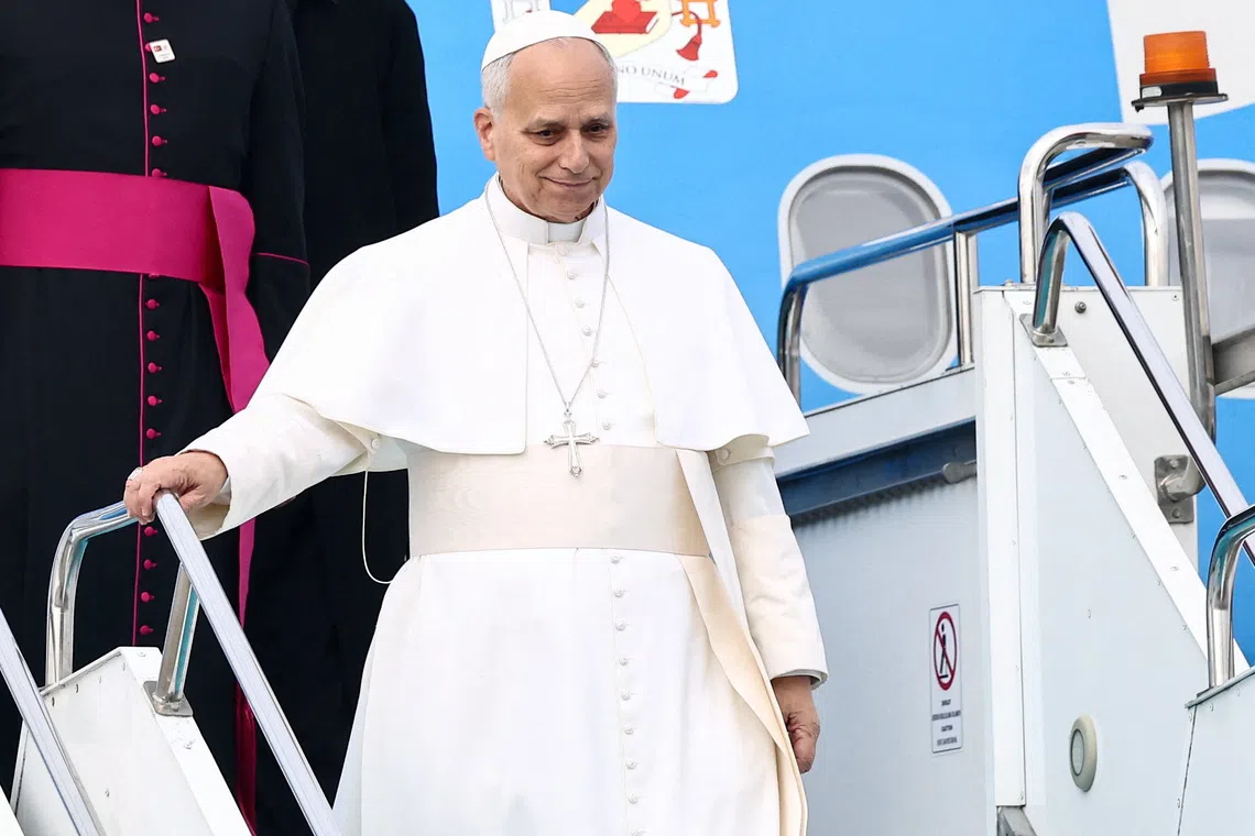 Pope Leo XIV arrives at Esenboga International Airport, during his first apostolic journey, in Ankara, Turkey, November 27, 2025. REUTERS/Yara Nardi