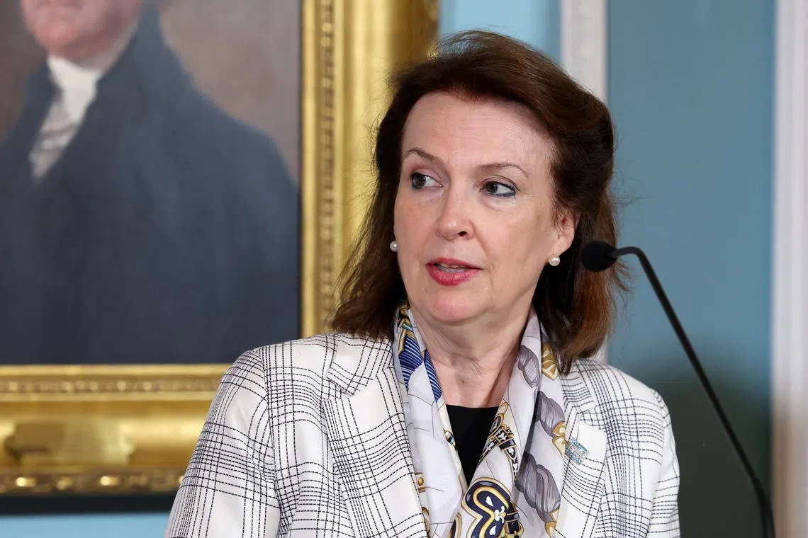 FILE PHOTO: Argentina's Foreign Minister Diana Mondino speaks during a Memorandum of Understanding signing ceremony alongside U.S. Secretary of State Antony Blinken (not pictured) at the State Department in Washington, U.S., May 17, 2024. REUTERS/Amanda Andrade-Rhoades/File Photo