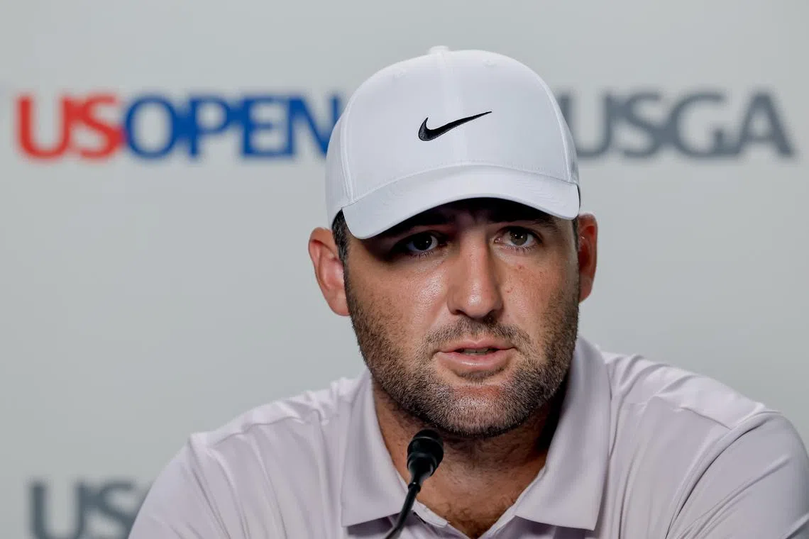 Scottie Scheffler of the US speaks to the news media during a practice round for the 2025 US Open.