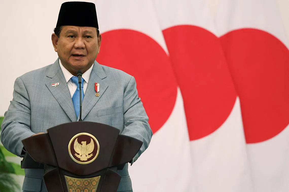 FILE PHOTO: Indonesian President Prabowo Subianto delivers his speech during a press conference at the Presidential Palace in Bogor, Indonesia, January 11, 2025. REUTERS/Ajeng Dinar Ulfiana/File Photo