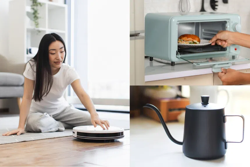 Woman with robot vacuum, toaster oven and gooseneck kettle
