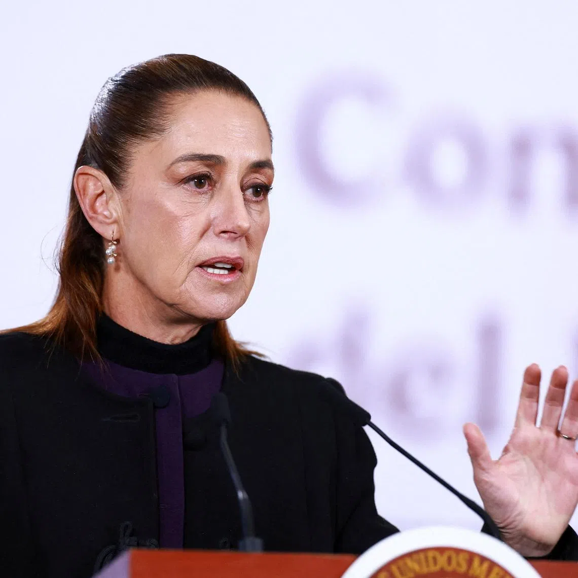 Mexico's President Claudia Sheinbaum speaks during a press conference about the wave of violence in Mexico, following the killing of Mexican drug lord Nemesio Oseguera, known as 'El Mencho', in a military operation on Sunday, at Palacio Nacional, in Mexico City, Mexico, February 23, 2026. REUTERS/Raquel Cunha