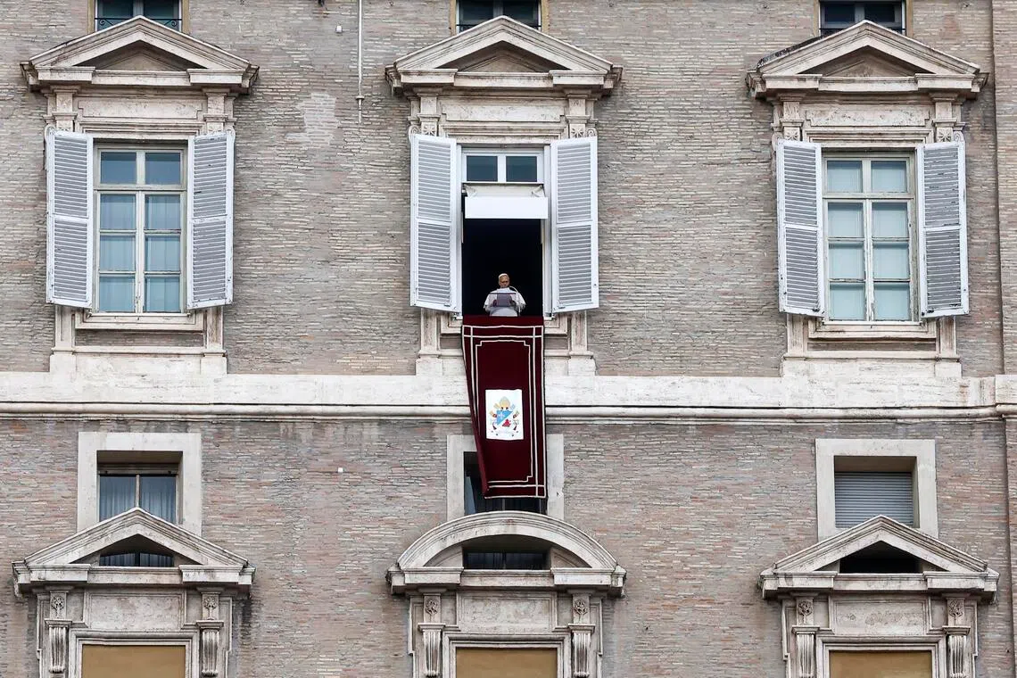 Pope Leo XIV leading the traditional Sunday Angelus prayer from the window of his office overlooking St Peter’s Square on Oct 18.