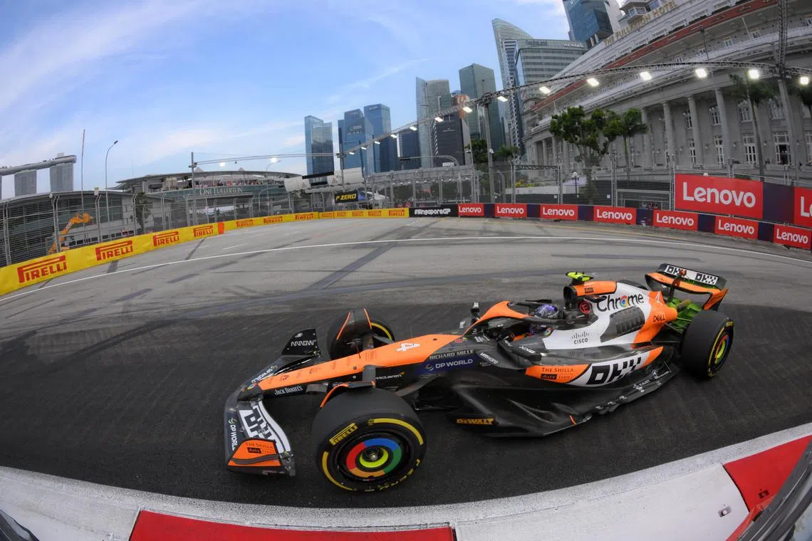 McLaren driver Lando Norris in action during Practice 1 of the Formula One Singapore Airlines Singapore Grand Prix at the Marina Bay street circuit on September 20.