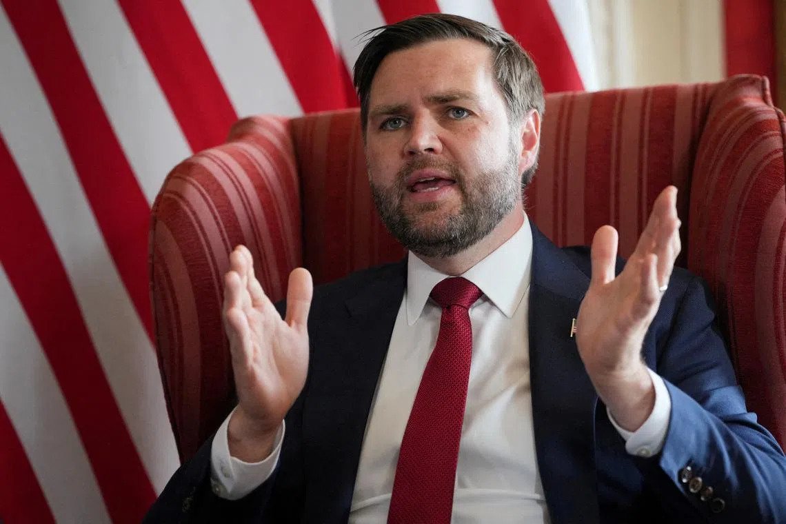 FILE PHOTO: U.S. Vice President JD Vance speaks during a meeting with British Foreign Secretary David Lammy at Chevening House in Sevenoaks, Kent, Britain August 8, 2025. Kin Cheung/Pool via REUTERS/File Photo