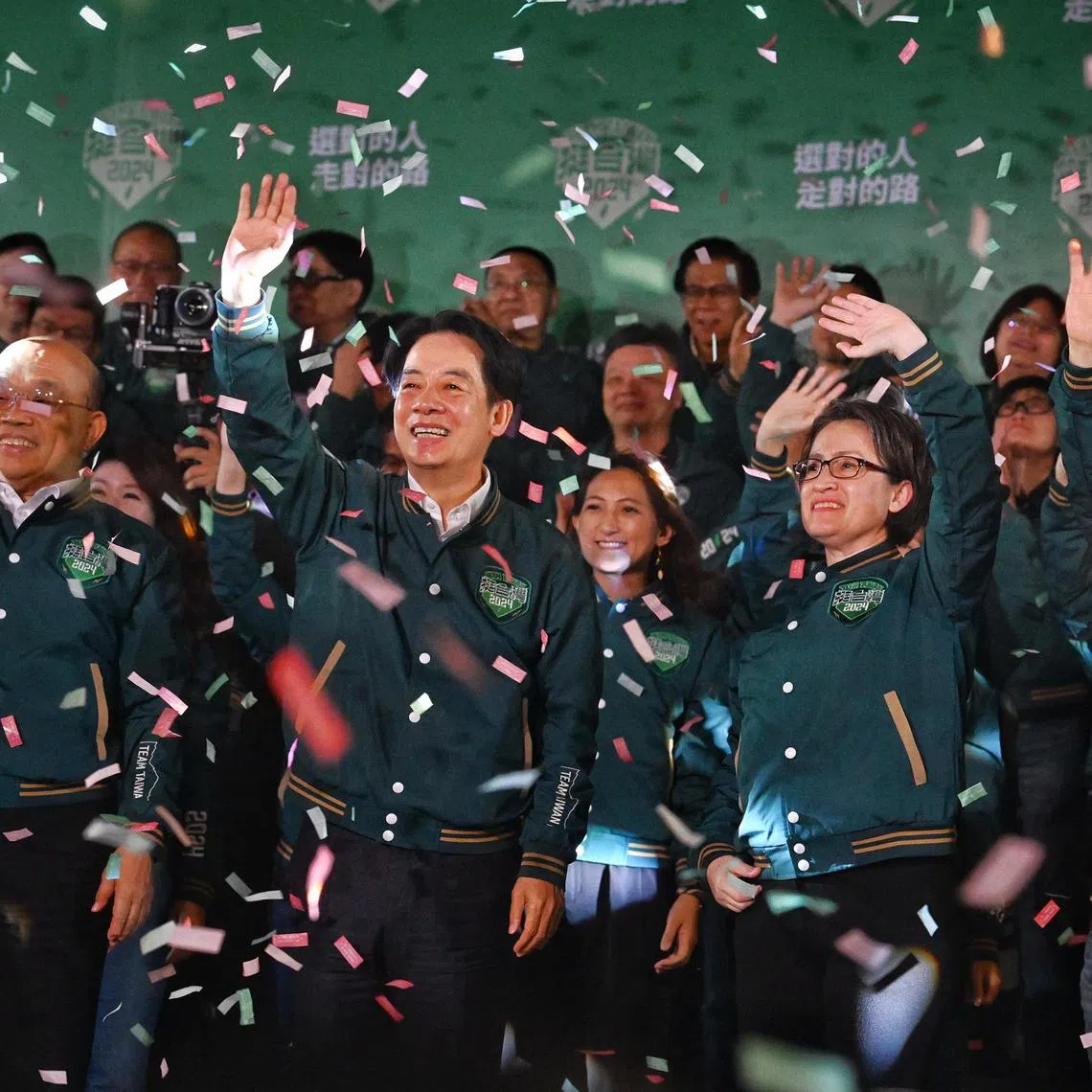 Taiwan’s president-elect Lai Ching-te and vice president-elect Hsiao Bi-khim celebrating their election victory on Jan 13.
