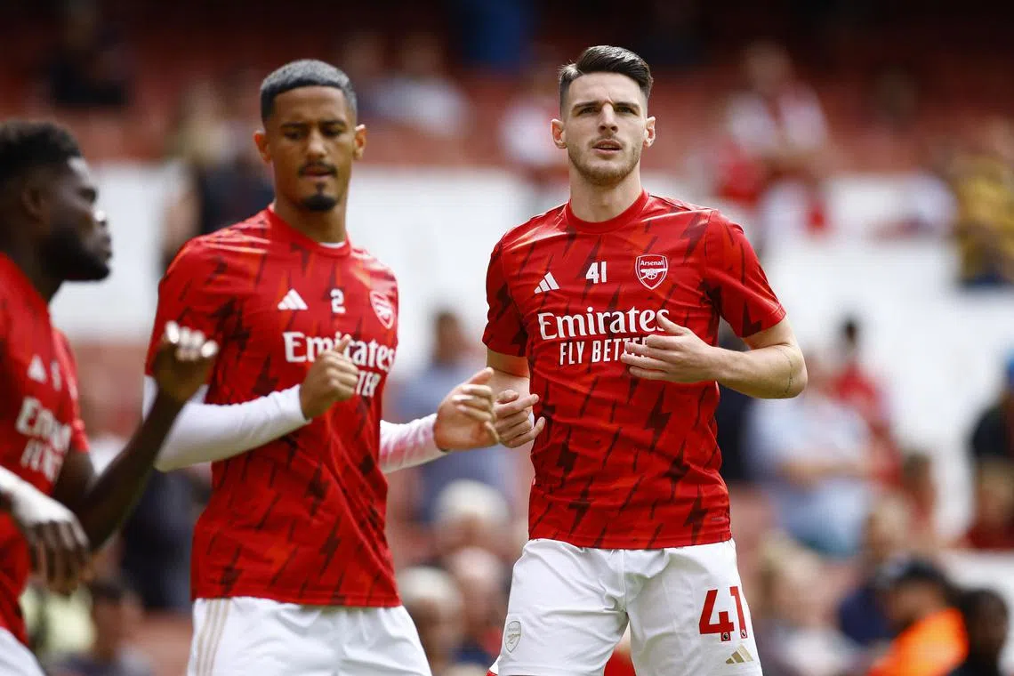 Arsenal's Declan Rice (right) has said that he is excited to experience the thrill of lining up while the Champions League anthem booms out before kick-off.