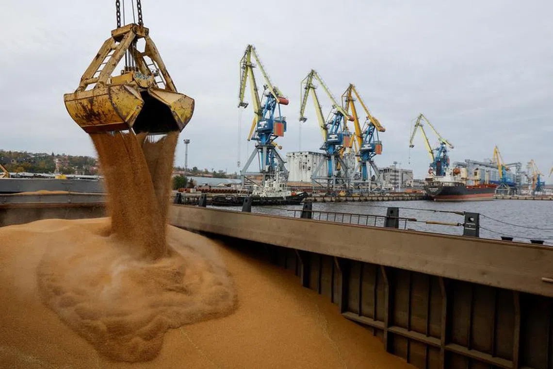 FILE PHOTO: Wheat grain is loaded into the cargo vessel Mezhdurechensk before its departure for the Russian city of Rostov-on-Don in the course of Russia-Ukraine conflict in the port of Mariupol, Russian-controlled Ukraine, October 25, 2023. REUTERS/Alexander Ermochenko/File Photo
