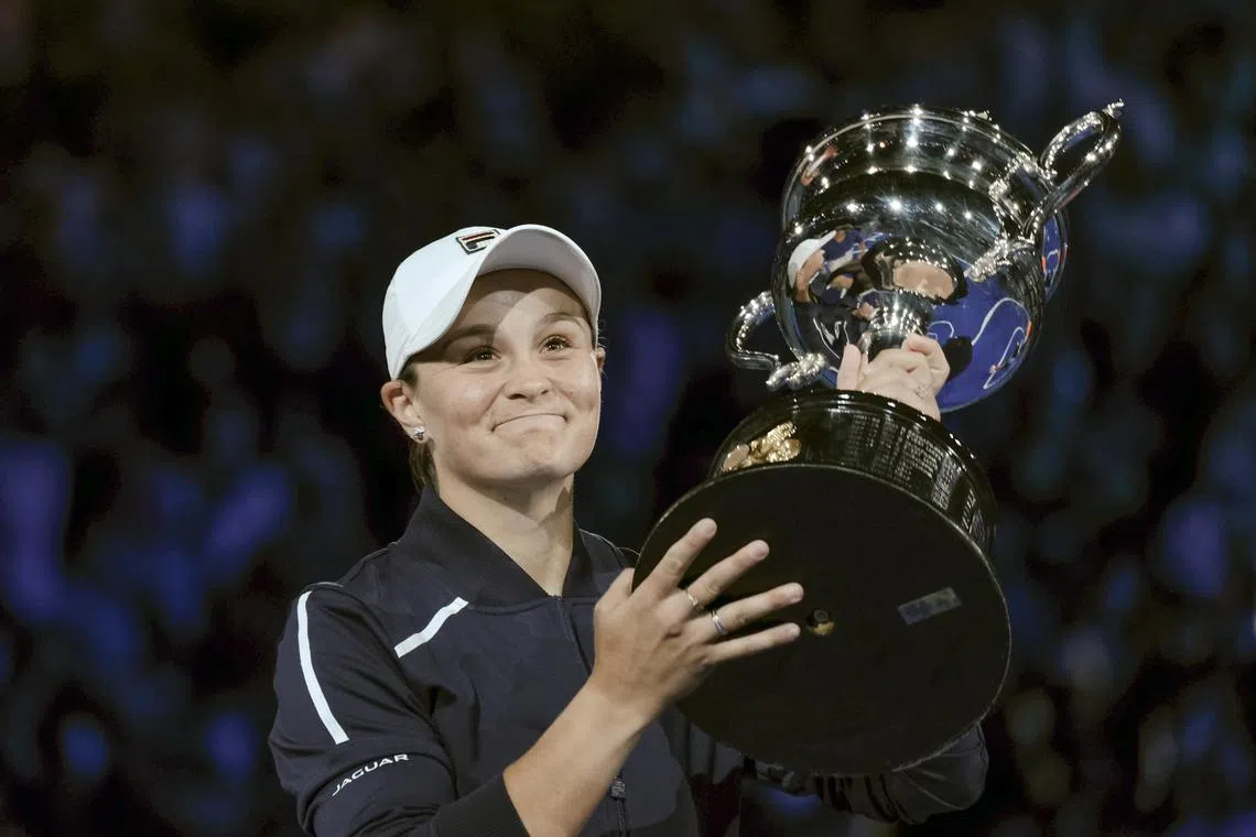 Ashleigh Barty celebrates after winning the Australian Open in Melbourne on Jan 29, 2022.