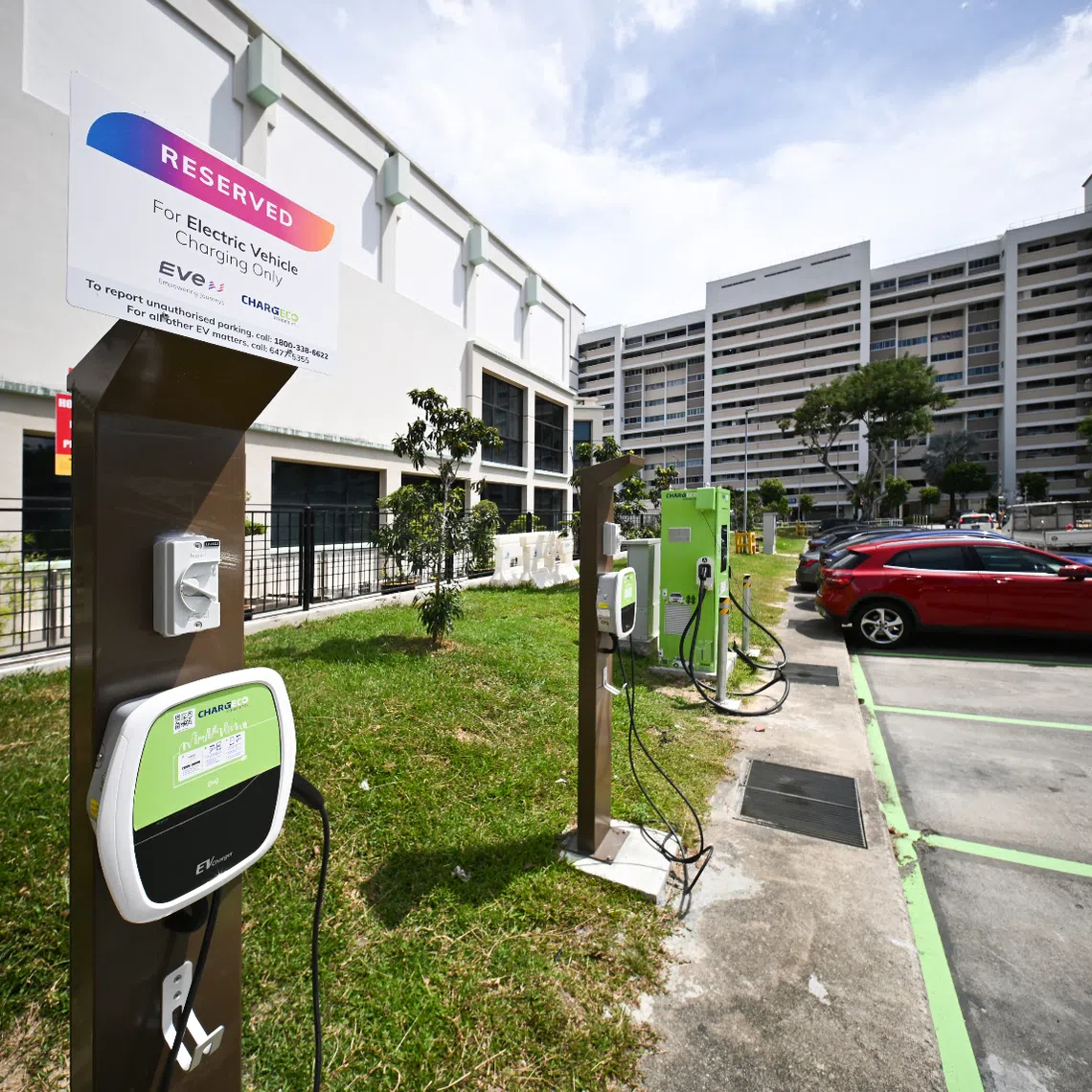 Electric vehicle charging points at a carpark near Block 828 Tampines Street 81. More than 1,600 HDB carparks now have EV chargers.