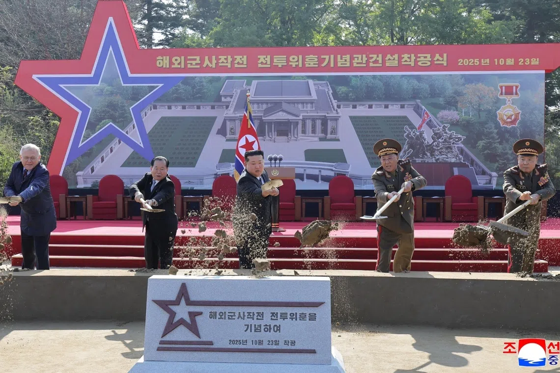 Kim Jong Un and Russian Ambassador Alexander Matsegora (second from left) at a groundbreaking ceremony for a memorial hall in Pyongyang.