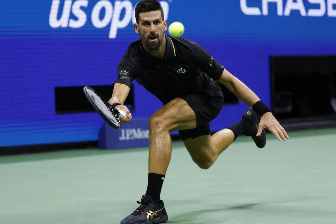 Tennis - U.S. Open - Flushing Meadows, New York, United States - August 24, 2025 Serbia's Novak Djokovic in action during his first round match against Learner Tien of the U.S. REUTERS/Eduardo Munoz