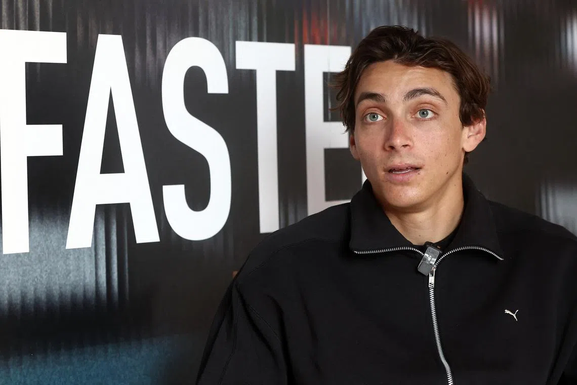 Olympics - Puma launches a new brand campaign with Olympic athletes - Mob House, Saint-Ouen near Paris, France - April 10, 2024 Sweden's Armand Duplantis in an interview during the launch REUTERS/Yves Herman
