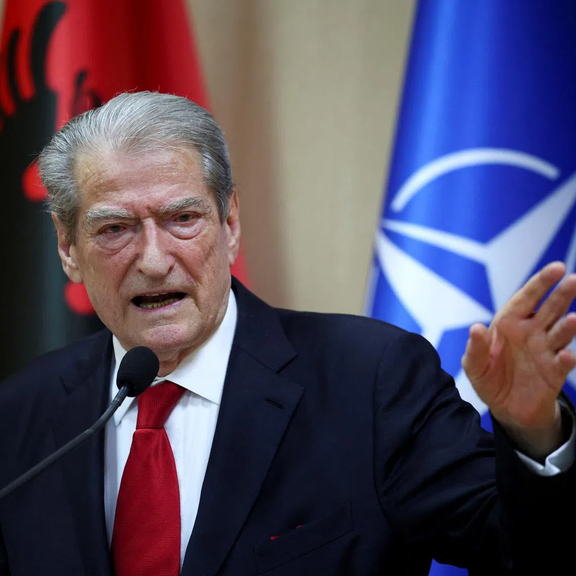 Leader of the Democratic Party Sali Berisha speaks, after the first exit polls of Albania's parliamentary election, in Tirana, Albania, May 11, 2025. REUTERS/Florion Goga