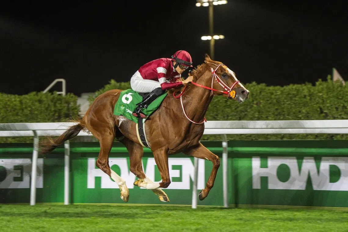 Shin Emperor (Ryusei Sakai) making every post a winning one in the Group 2 Neom Turf Cup (2,100m) at the King Abdulaziz racecourse in Riyadh on Feb 22, 2025.