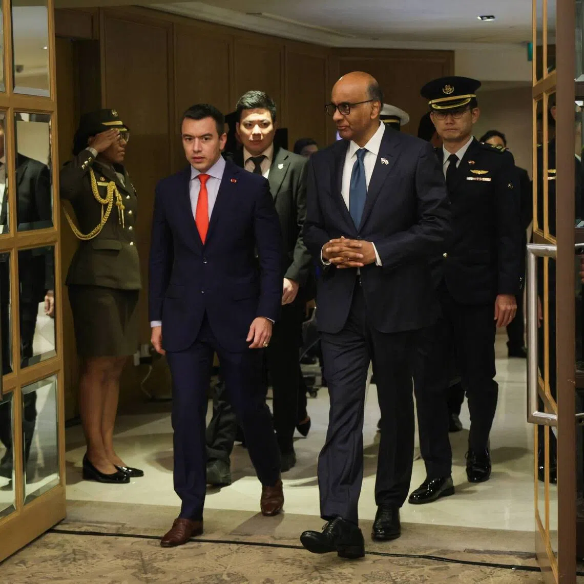 President Tharman Shanmugaratnam (right) and Ecuador President Daniel Noboa Azin during the state banquet at Goodwood Park Hotel on Aug 24.