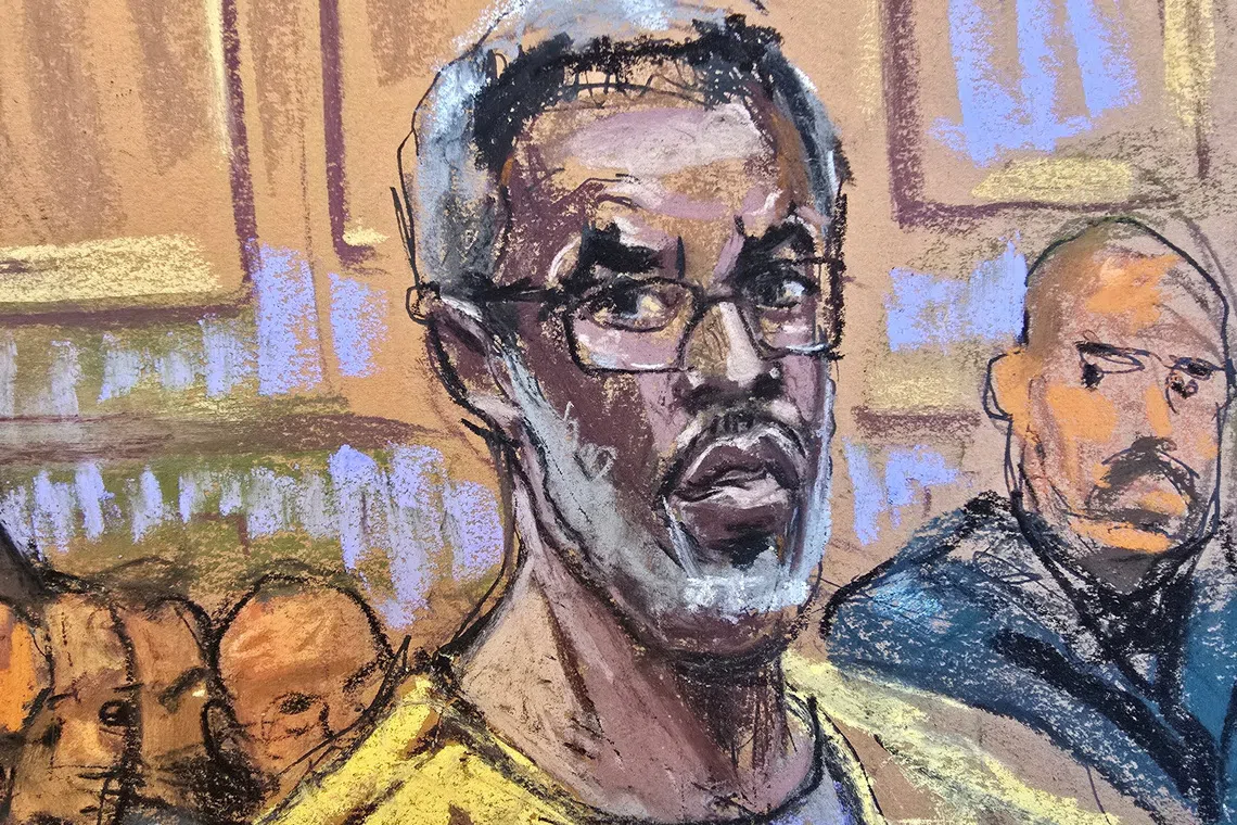 Sean \"Diddy\" Combs listens as lawyer Alexandra Shapiro argues during a hearing over his bid to overturn his conviction on charges of transportation to engage in prostitution, at a courtroom in New York, U.S., September 25, 2025 in this courtroom sketch.   REUTERS/Jane Rosenberg