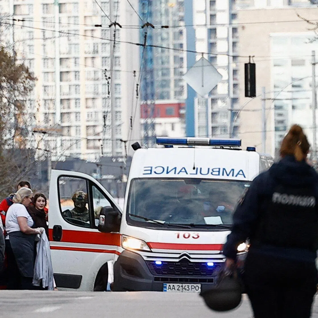 An ambulance at the site of a shooting incident, in Kyiv, Ukraine, on April 18. The shooter was identified as a 58-year-old native of Russia who had a criminal record.