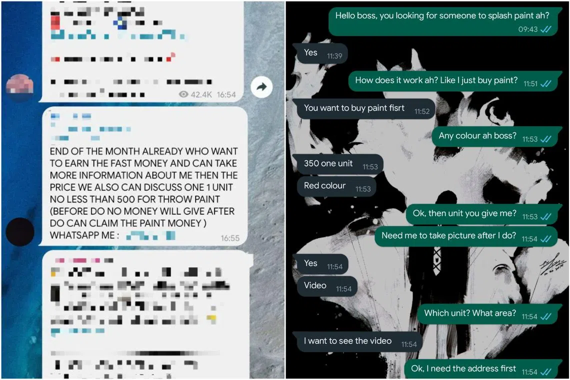 In one advertisement in a Telegram chat group, the number listed led to a WhatsApp business account, with the individual behind it offering $350 per paint-splattered door.