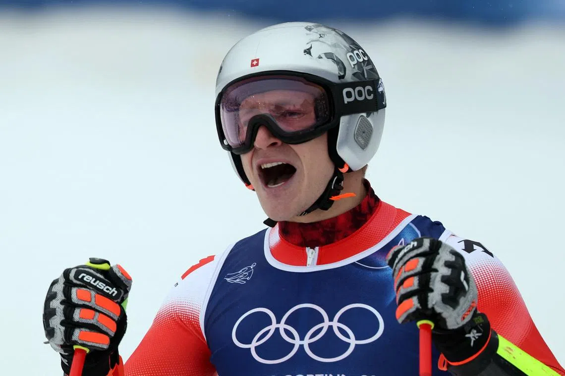 Milano Cortina 2026 Olympics - Alpine Skiing - Men's Giant Slalom Run 2 - Stelvio Ski Centre, Bormio, Italy - February 14, 2026. Marco Odermatt of Switzerland reacts after his second run REUTERS/Gintare Karpaviciute/File Photo