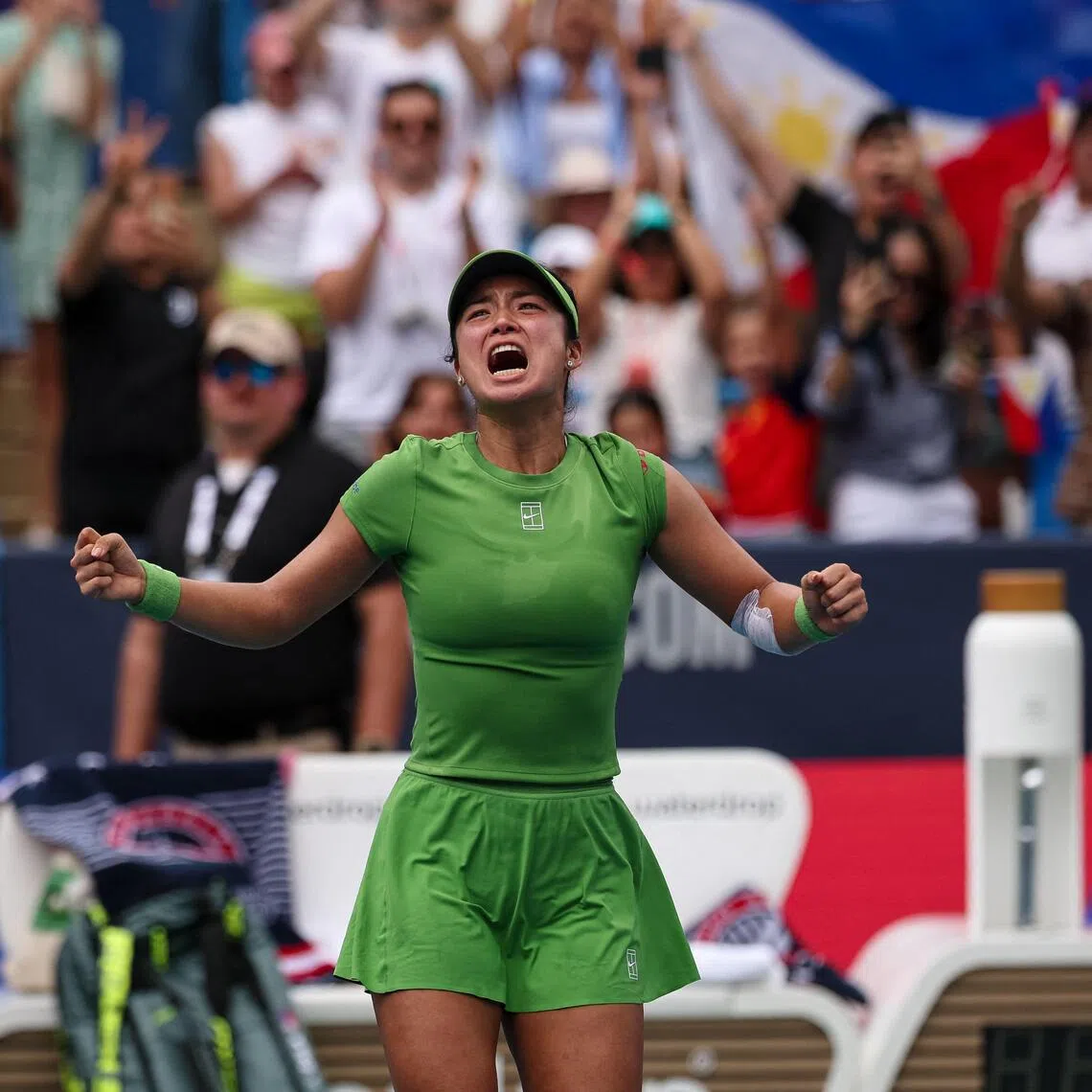 Alexandra Eala of the Philippines celebrating after beating Jessica Pegula of the United States to win the Washington Open on Aug 3.