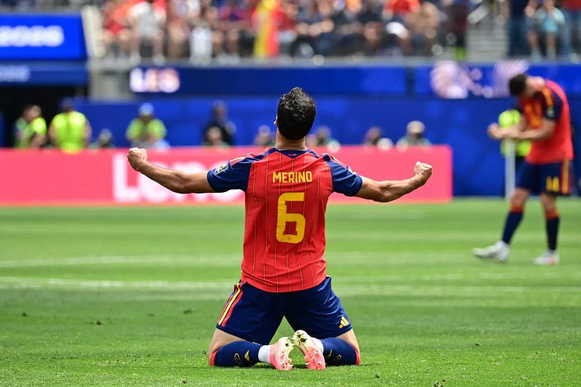 Soccer Football - FIFA World Cup 2026 - Quarter Final - Spain v Belgium - Los Angeles Stadium, Inglewood, California, U.S. - July 10, 2026 Spain's Mikel Merino celebrates after the match as Spain qualify for the semi final stage of the World Cup IMAGN IMAGES via Reuters/Gary Vasquez