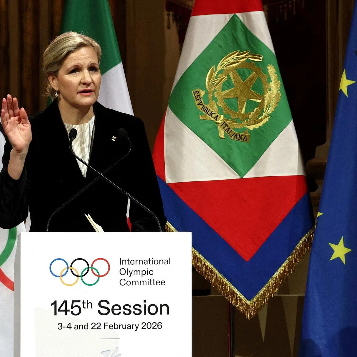 Milano Cortina 2026 Winter Olympics - Opening ceremony of the 145th IOC Session - Teatro La Scala, Milan, Italy - February 2, 2026  IOC President Kirsty Coventry during the opening ceremony REUTERS/Guglielmo Mangiapane