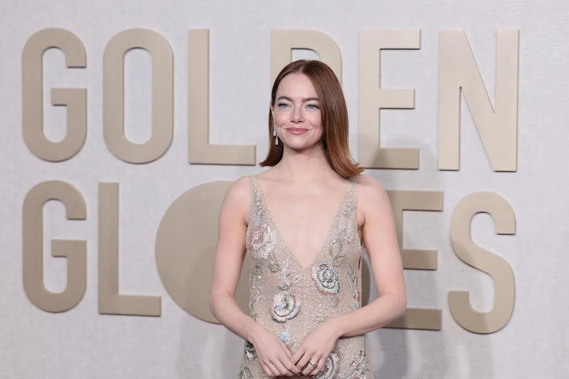US actor Emma Stone arrives for the 81st annual Golden Globe Awards ceremony at the Beverly Hilton Hotel in Beverly Hills, California, on Jan 7, 2024. 