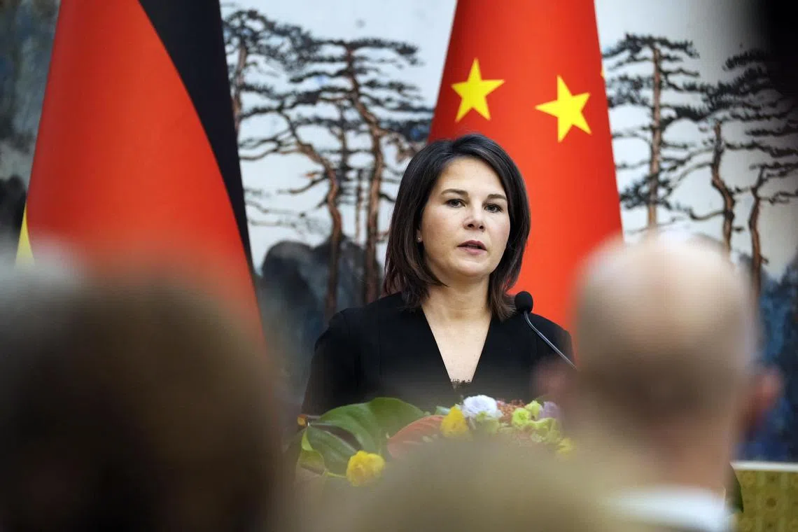 German Foreign Minister Annalena Baerbock speaks during a joint press conference with Chinese Foreign Minister Qin Gang in Beijing.