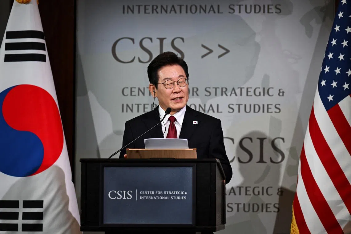 South Korean President Lee Jae Myung delivering remarks at the Center for Strategic and International Studies in on Aug 25.