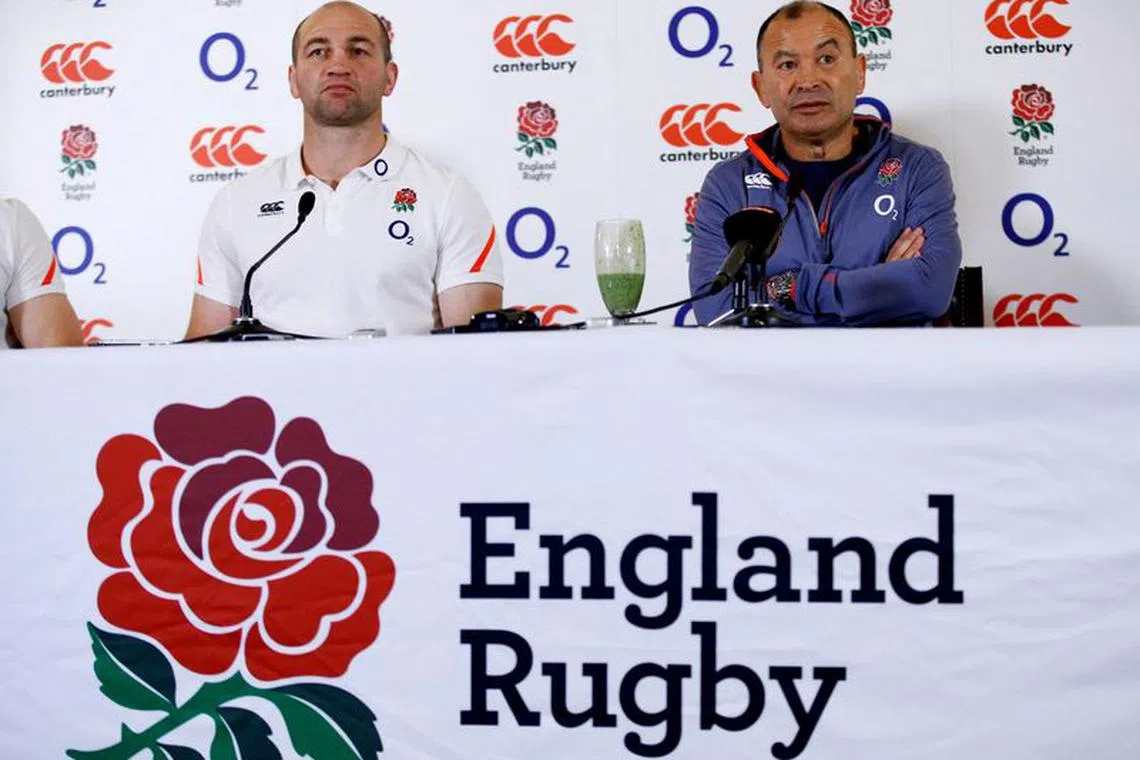 FILE PHOTO: Britain Rugby Union - England Press Conference - Pennyhill Park, Bagshot, Surrey - 9/3/17 England head coach Eddie Jones and forwards coach Steve Borthwick during the press conference Action Images via Reuters/Peter Cziborra Livepic/File Photo