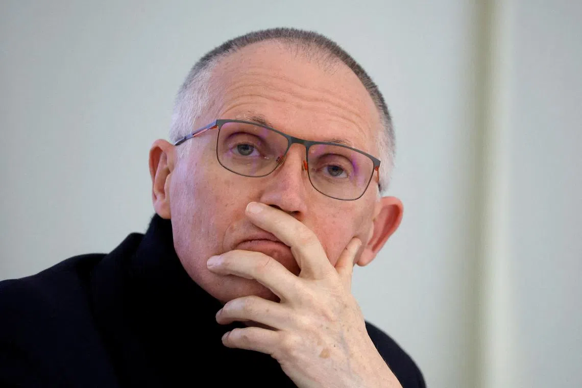 FILE PHOTO: Stellantis CEO Carlos Tavares holds a press conference ahead of visiting the Sevel automaker's plant, Europe's largest van-making facility, in Atessa, Italy, January 23, 2024. REUTERS/Remo Casilli//File Photo