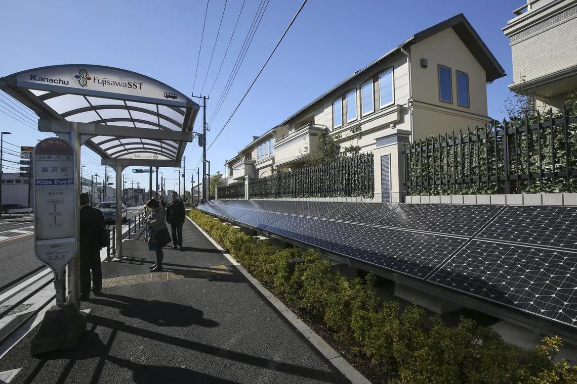 The perimeter of Fujisawa Sustainable Smart Town in Japan is lined with solar panels that generate electricity for the estate.