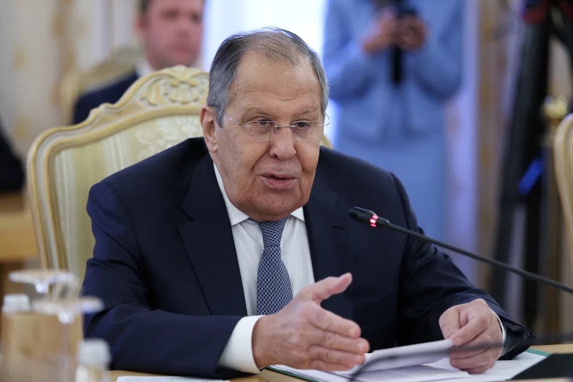 Russian Foreign Minister Sergei Lavrov speaks during a meeting with his Kazakh counterpart Ermek Kosherbayev in Moscow, Russia, October 22, 2025. REUTERS/Ramil Sitdikov/Pool